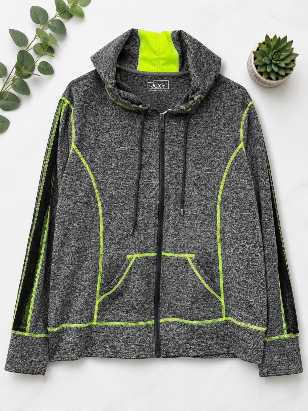 JGX Performance Women’s Gray Neon Green Full Zip Athletic Hoodie Jacket s